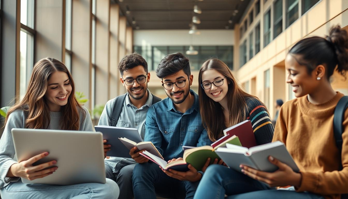 Students studying together in modern classroom